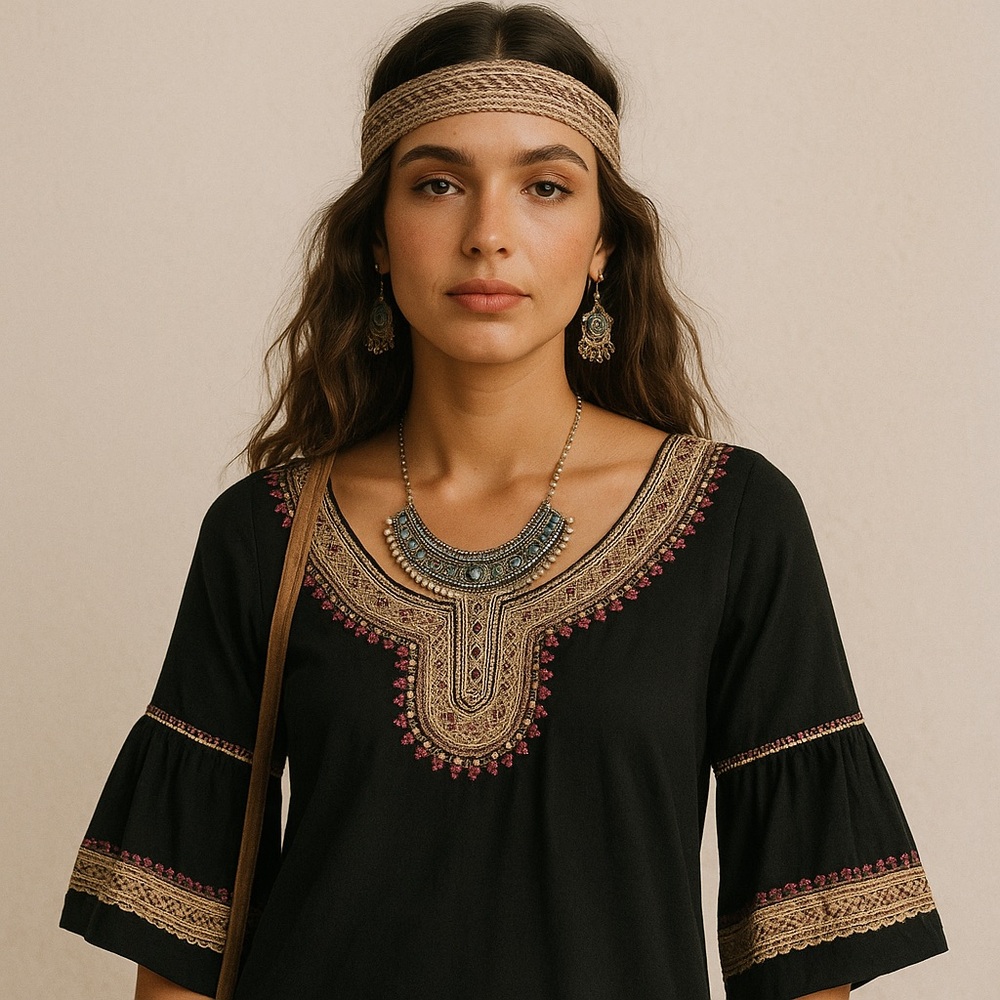 ✨ Lucky Brand Black Boho Embroidered Blouse Top S 🖤‎ Tribal Ethnic Festival